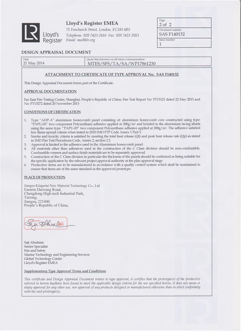Certificado de aprobación de incendios de la clase B1 de Alucoworld